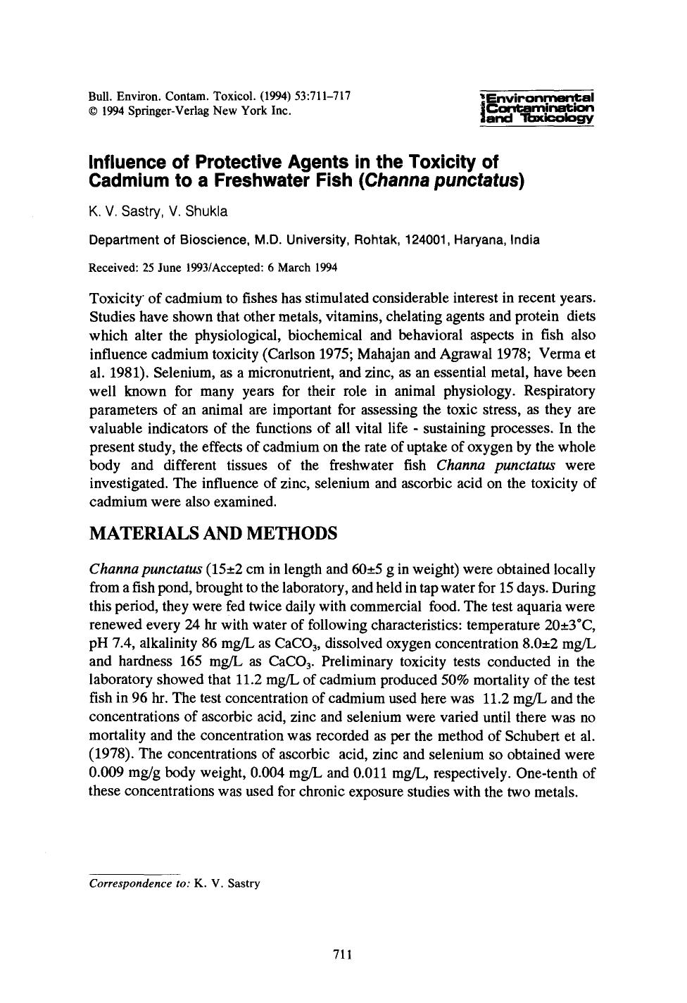 Influence of protective agents in the toxicity of cadmium to a freshwater fish ( <Emphasis Type="Italic">Channa punctatus <Emphasis>) by Unknown
