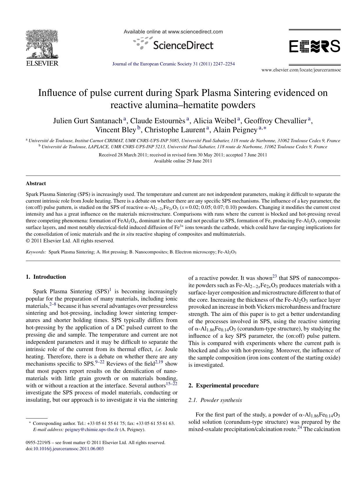 Influence of pulse current during Spark Plasma Sintering evidenced on reactive aluminaÃ¢â¬âhematite powders by Julien Gurt Santanach