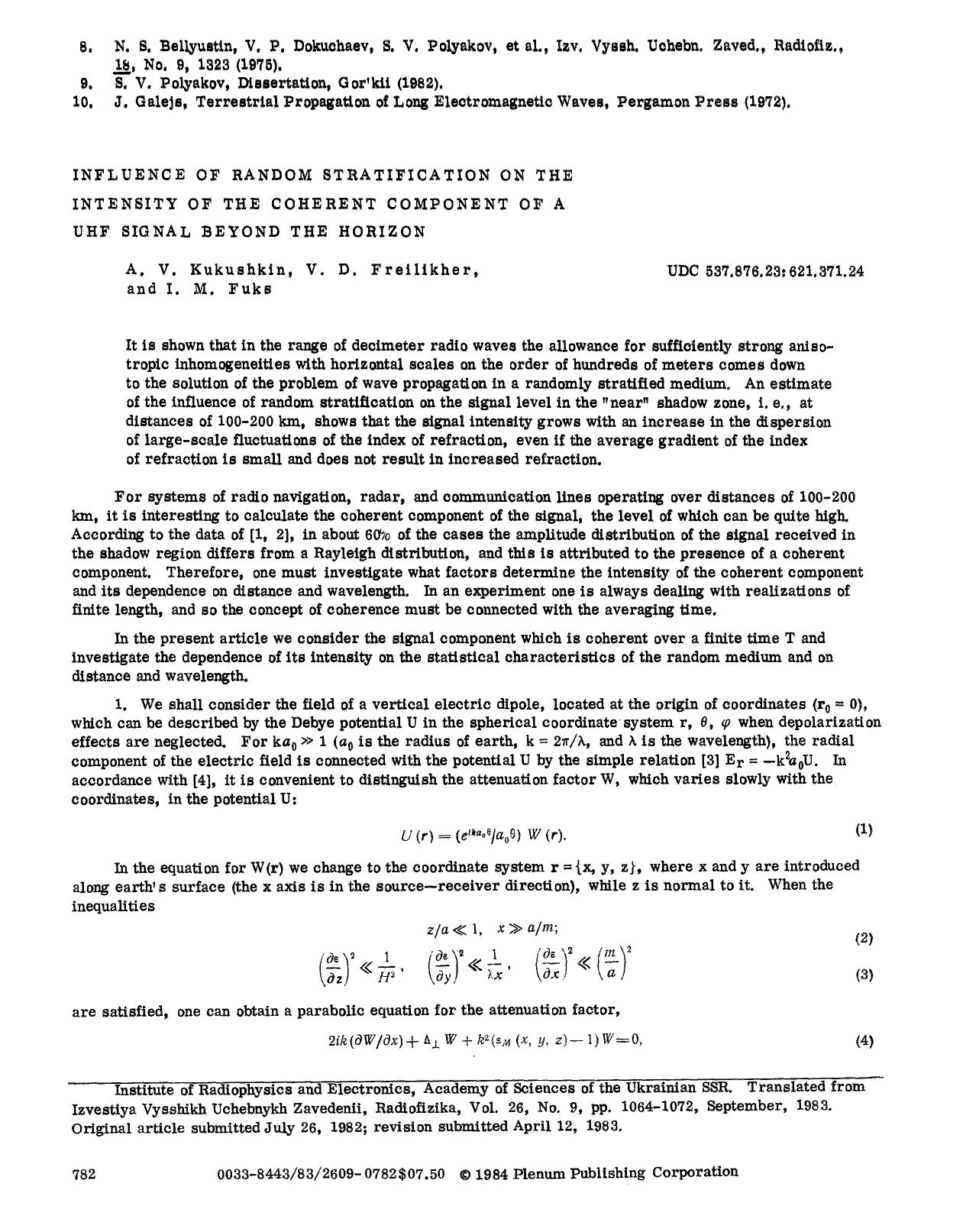 Influence of random stratification on the intensity of the coherent component of a UHF signal beyond the horizon by Unknown