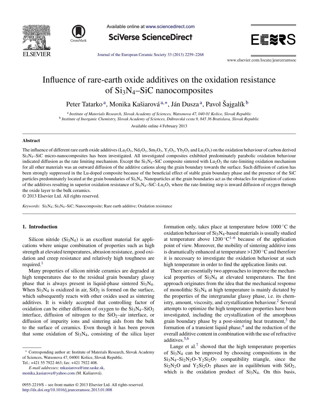 Influence of rare-earth oxide additives on the oxidation resistance of Si3N4âSiC nanocomposites by Peter Tatarko & Monika Kašiarová & Ján Dusza & Pavol Šajgalík