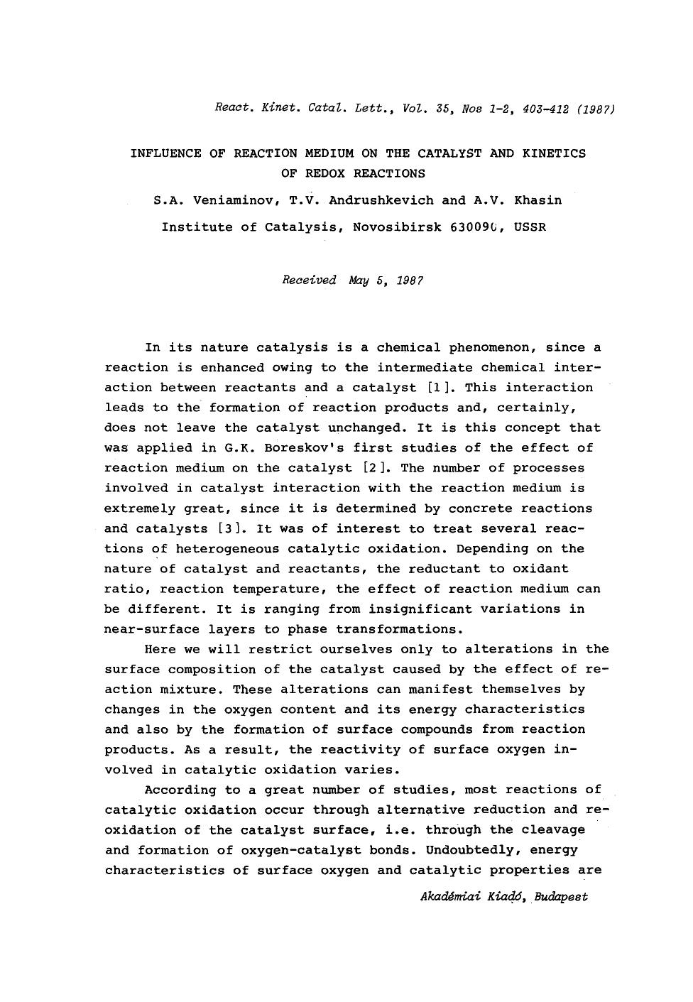 Influence of reaction medium on the catalyst and kinetics of redox reactions by Unknown