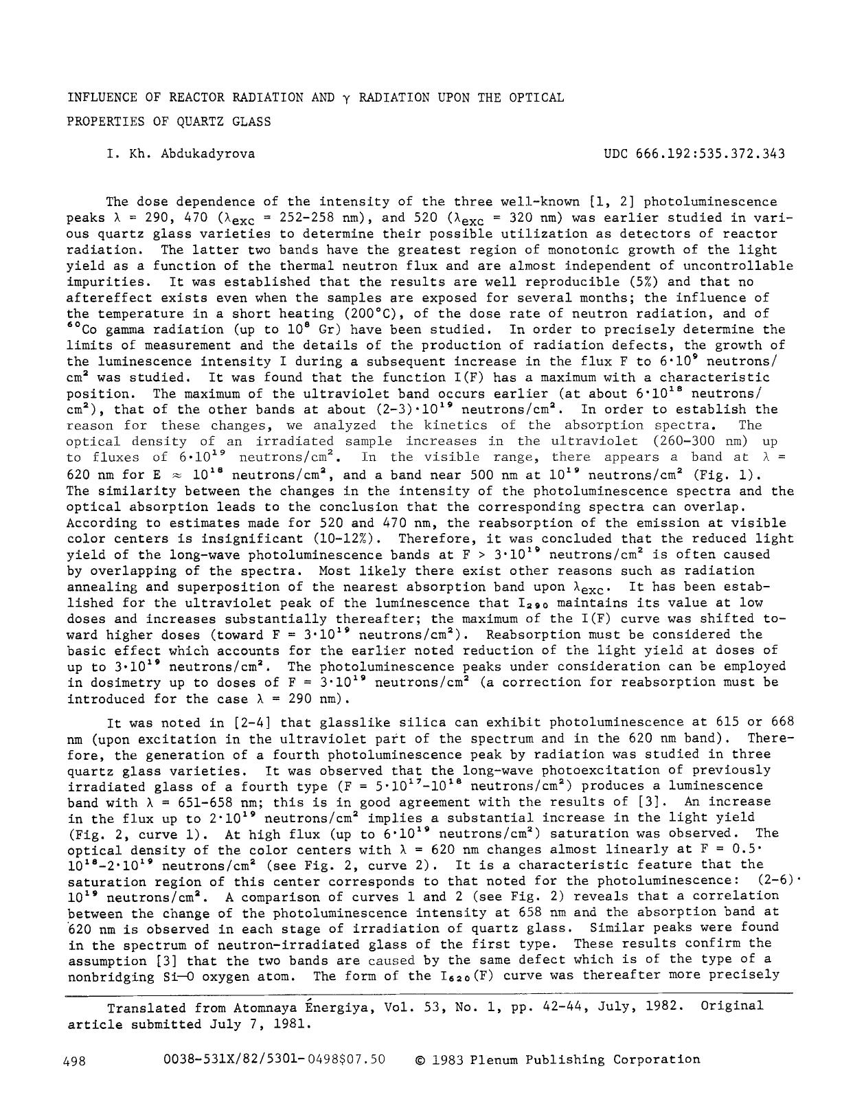 Influence of reactor radiation and γ radiation upon the optical properties of quartz glass by Unknown