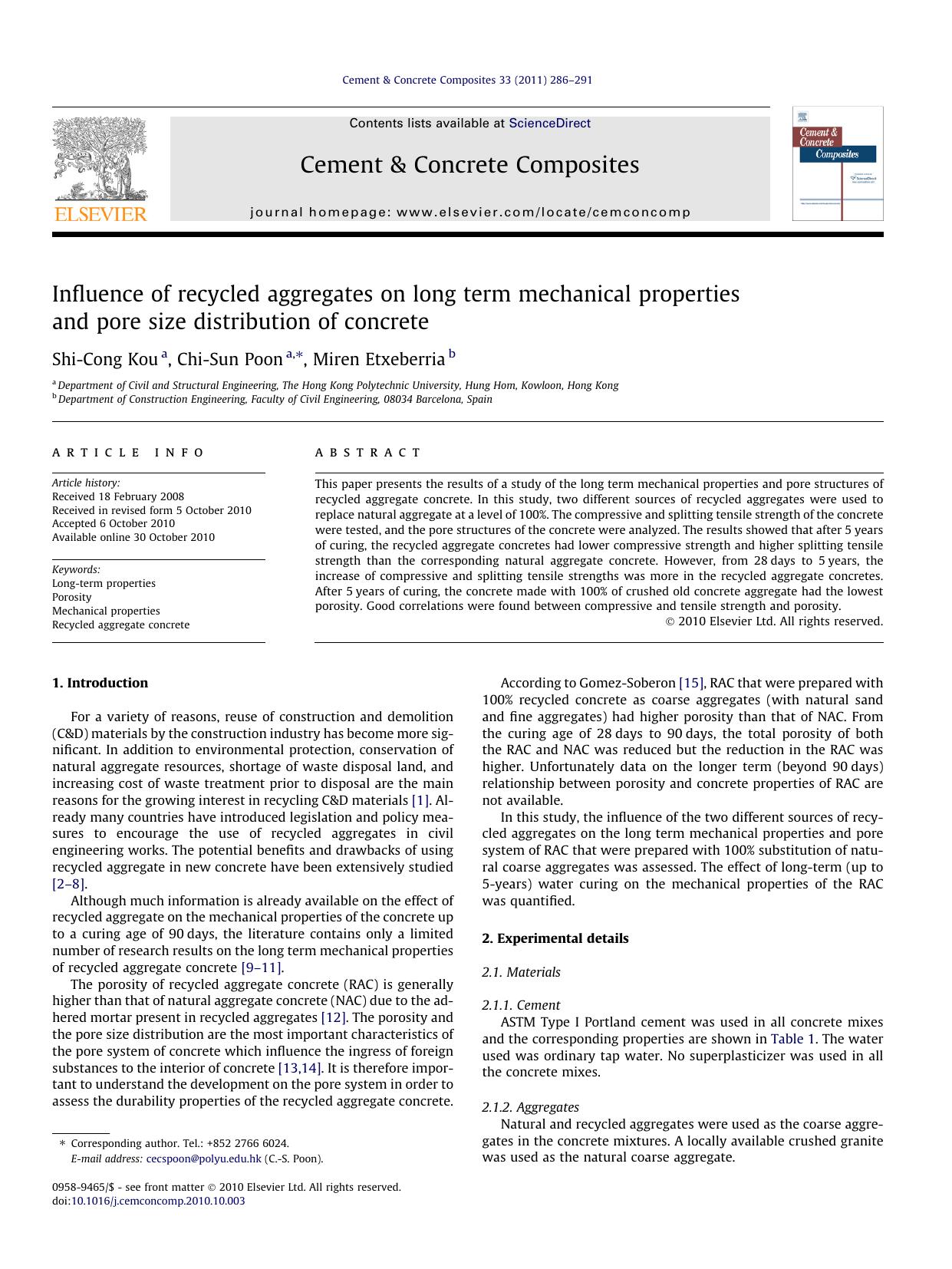 Influence of recycled aggregates on long term mechanical properties and pore size distribution of concrete by Shi-Cong Kou & Chi-Sun Poon & Miren Etxeberria