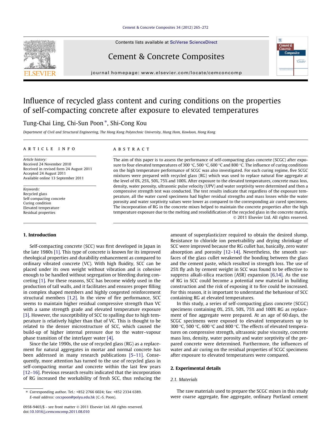 Influence of recycled glass content and curing conditions on the properties of self-compacting concrete after exposure to elevated temperatures by Tung-Chai Ling & Chi-Sun Poon & Shi-Cong Kou