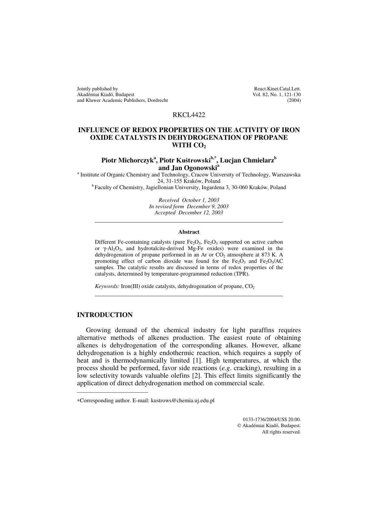 Influence of redox properties on the activity of iron oxide catalysts in dehydrogenation of propane with CO<Subscript>2<Subscript> by Unknown