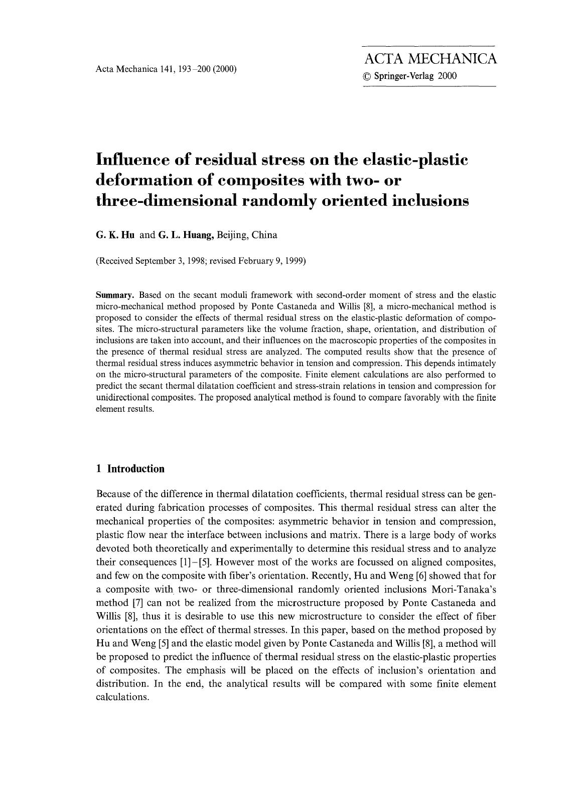 Influence of residual stress on the elastic-plastic deformation of composites with two- or three-dimensional randomly oriented inclusions by Unknown