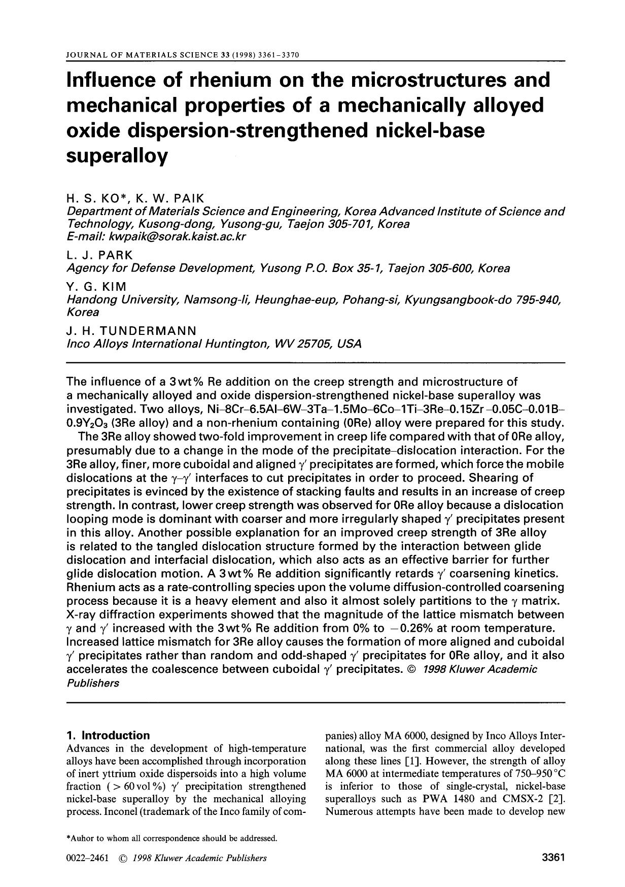 Influence of rhenium on the microstructures and mechanical properties of a mechanically alloyed oxide dispersion-strengthened nickel-base superalloy by Unknown