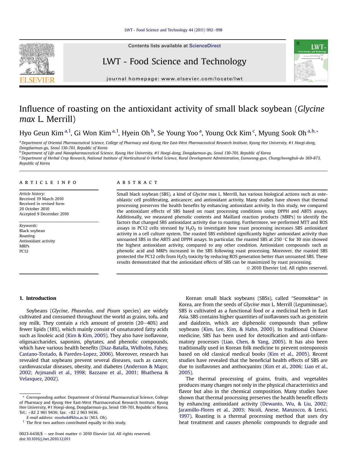 Influence of roasting on the antioxidant activity of small black soybean (Glycine max L. Merrill) by Hyo Geun Kim & Gi Won Kim & Hyein Oh & Se Young Yoo & Young Ock Kim & Myung Sook Oh