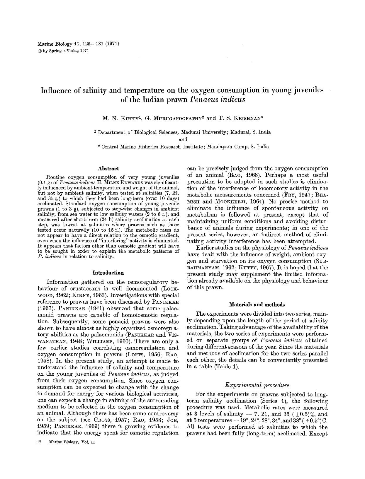 Influence of salinity and temperature on the oxygen consumption in young juveniles of the Indian prawn <Emphasis Type="Italic">Penaeus indicus<Emphasis> by Unknown