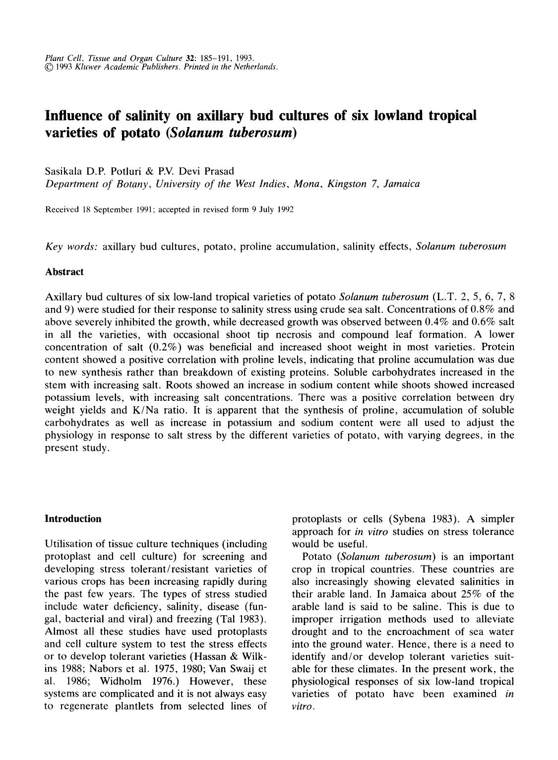 Influence of salinity on axillary bud cultures of six lowland tropical varieties of potato ( <Emphasis Type="Italic">Solanum tuberosum <Emphasis>) by Unknown