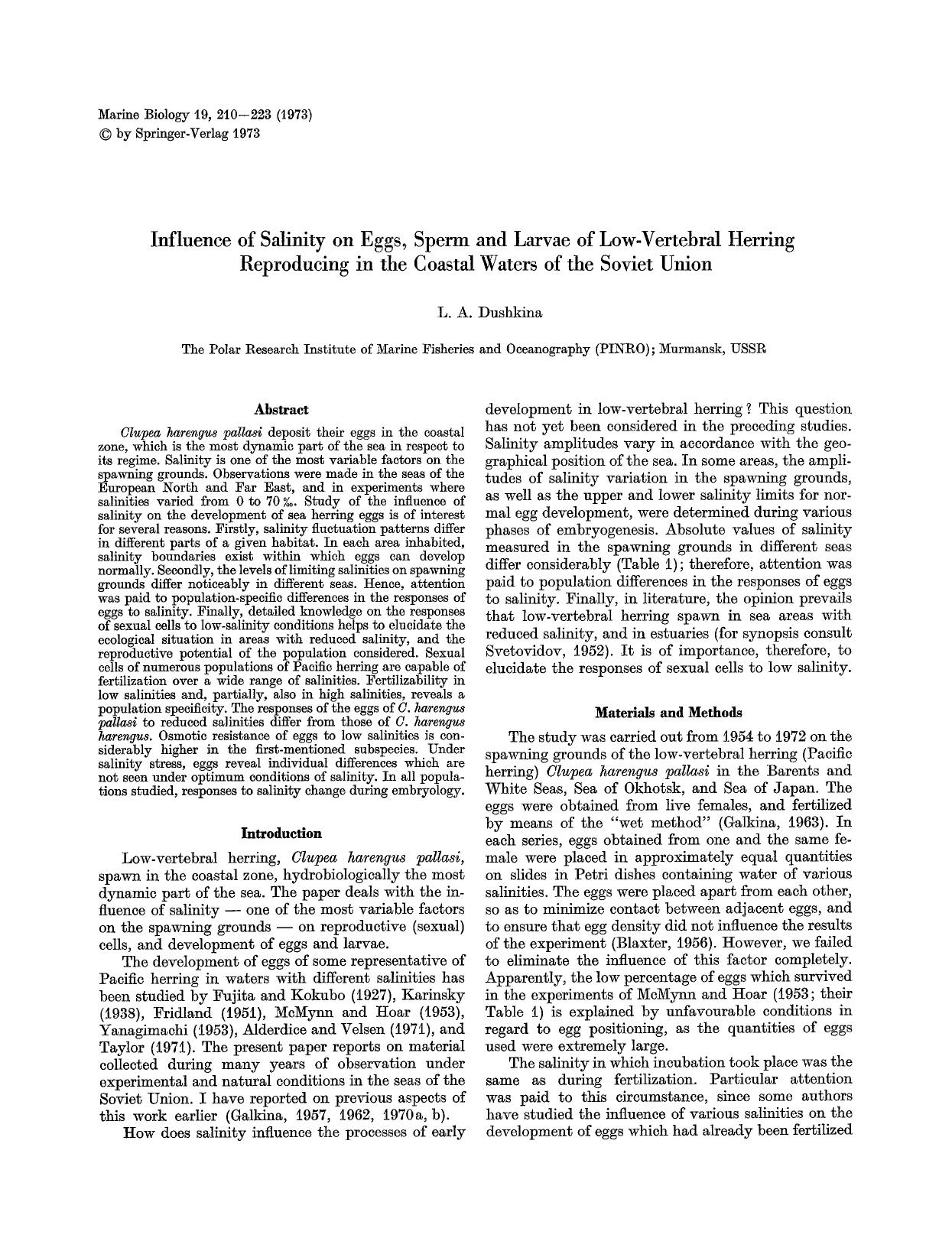 Influence of salinity on eggs, sperm and larvae of low-vertebral herring reproducing in the coastal waters of the Soviet Union by Unknown