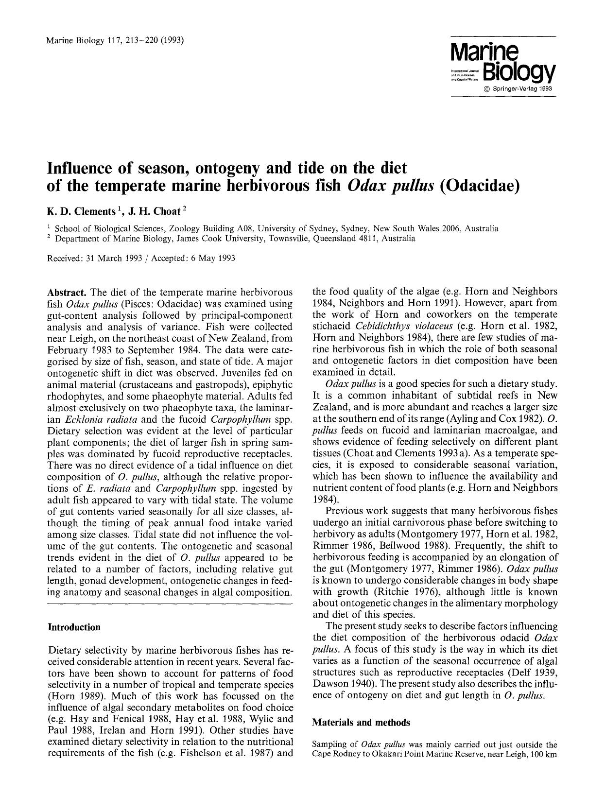 Influence of season, ontogeny and tide on the diet of the temperate marine herbivorous fish <Emphasis Type="Italic">Odax pullus<Emphasis> (Odacidae) by Unknown