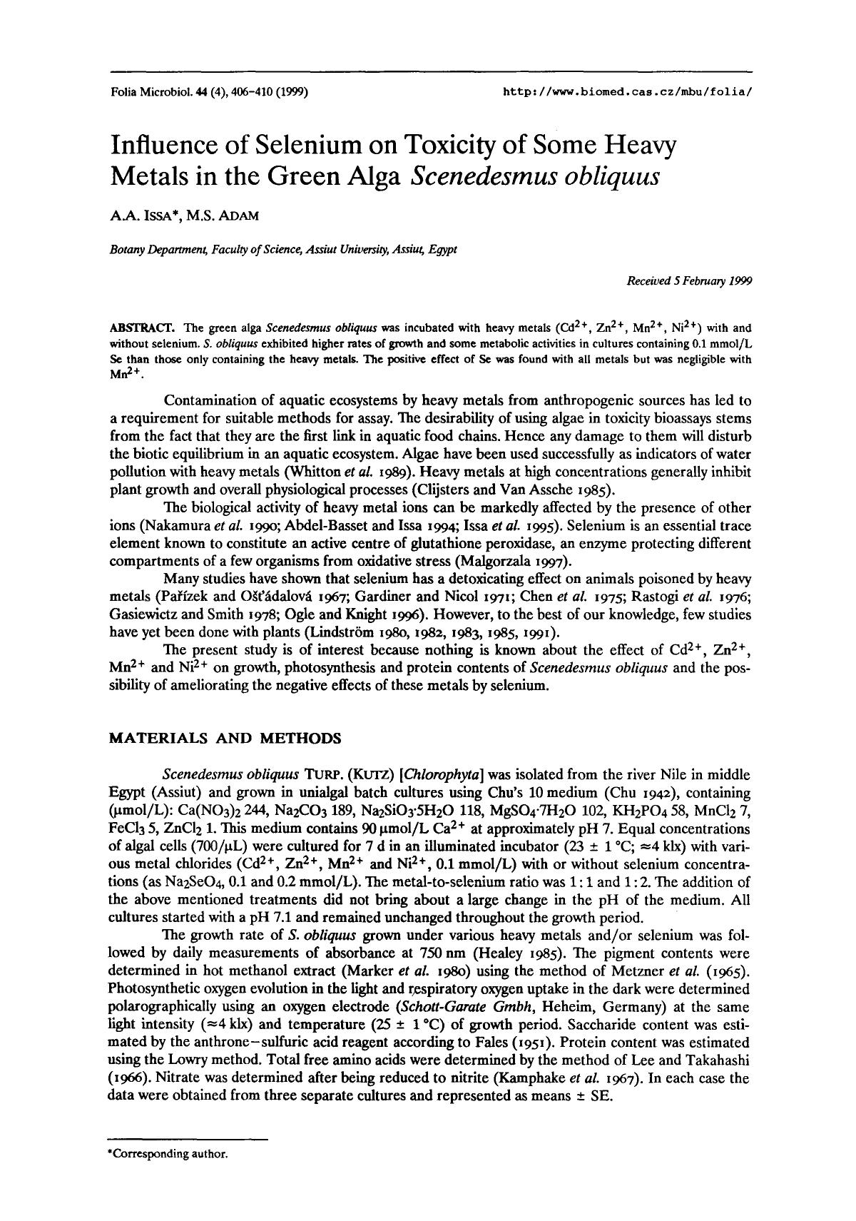 Influence of selenium on toxicity of some heavy metals in the green alga <Emphasis Type="Italic">Scenedesmus obliquus <Emphasis> by Unknown