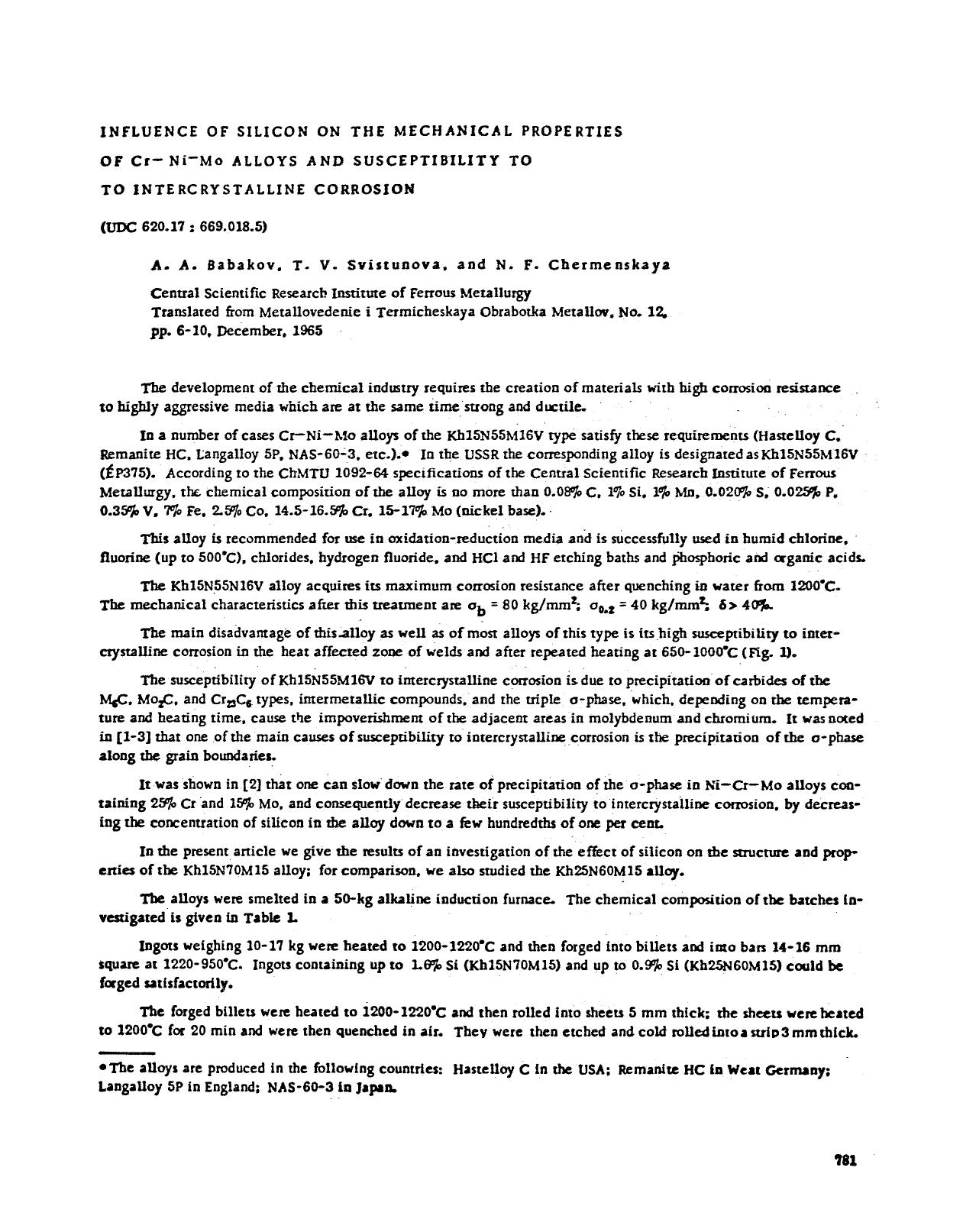 Influence of silicon on the mechanical properties of Cr−Ni−Mo alloys and susceptibility to to intercrystalline corrosion by Unknown