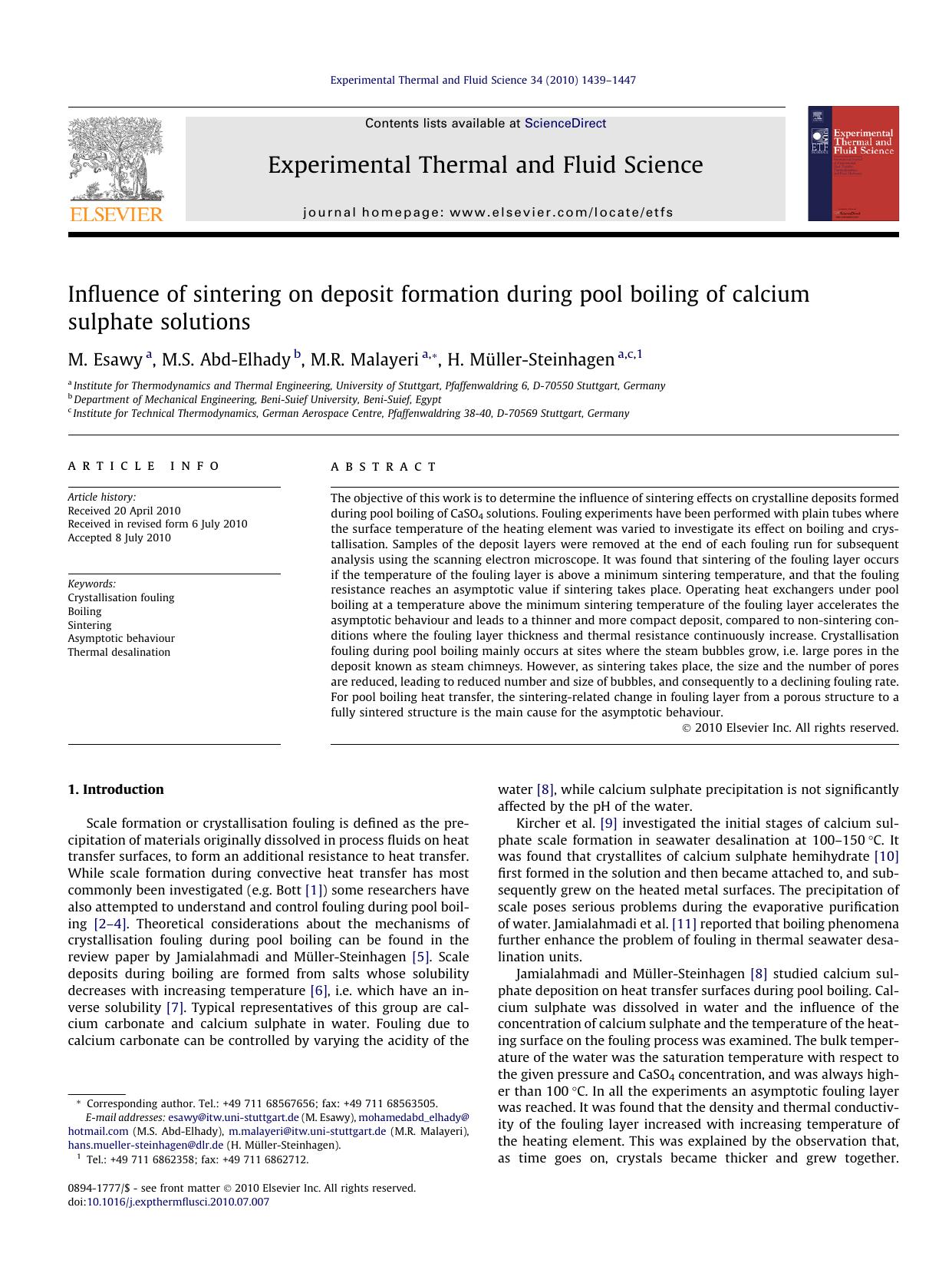 Influence of sintering on deposit formation during pool boiling of calcium sulphate solutions by M. Esawy & M.S. Abd-Elhady & M.R. Malayeri & H. Müller-Steinhagen