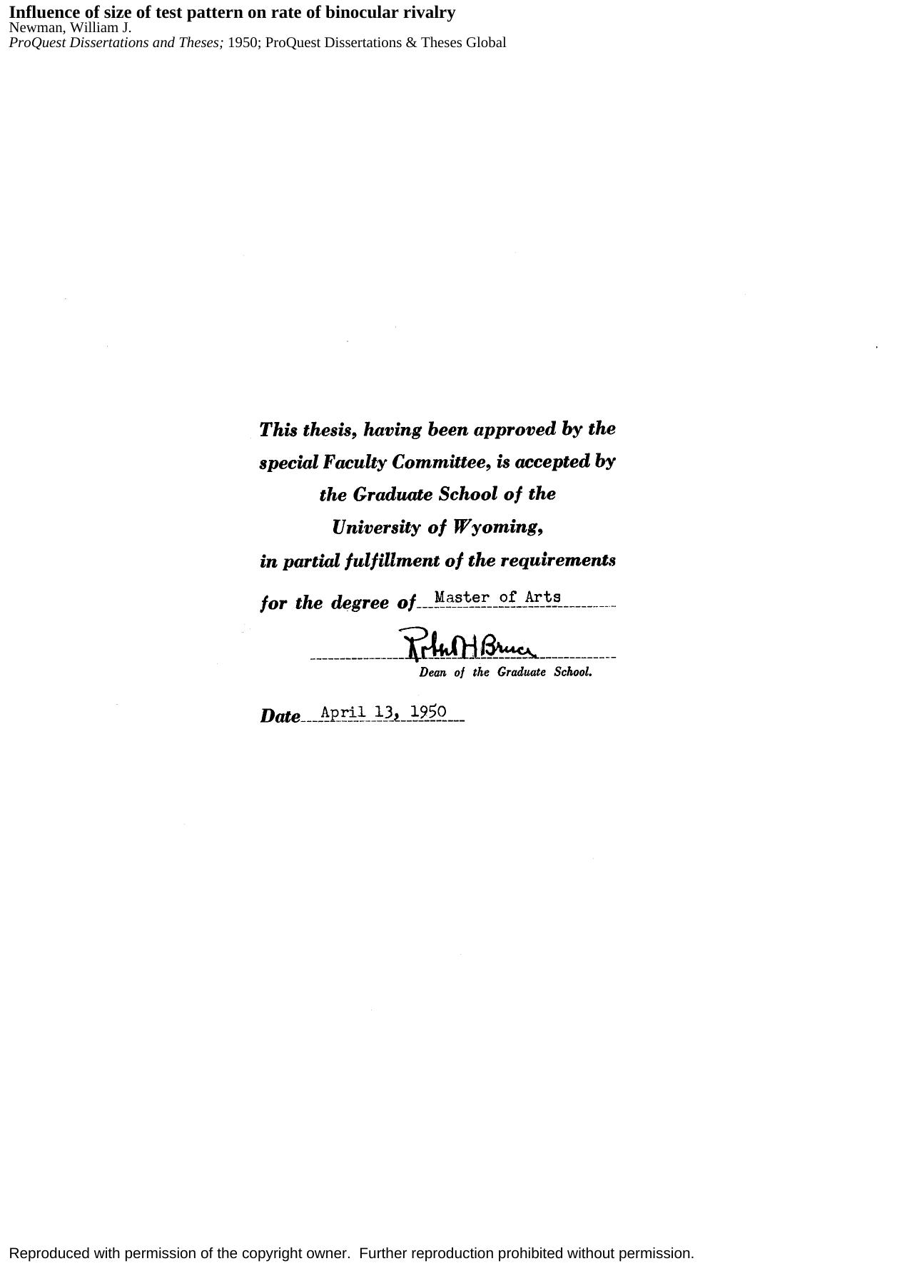 Influence of size of test pattern on rate of binocular rivalry by Newman William J