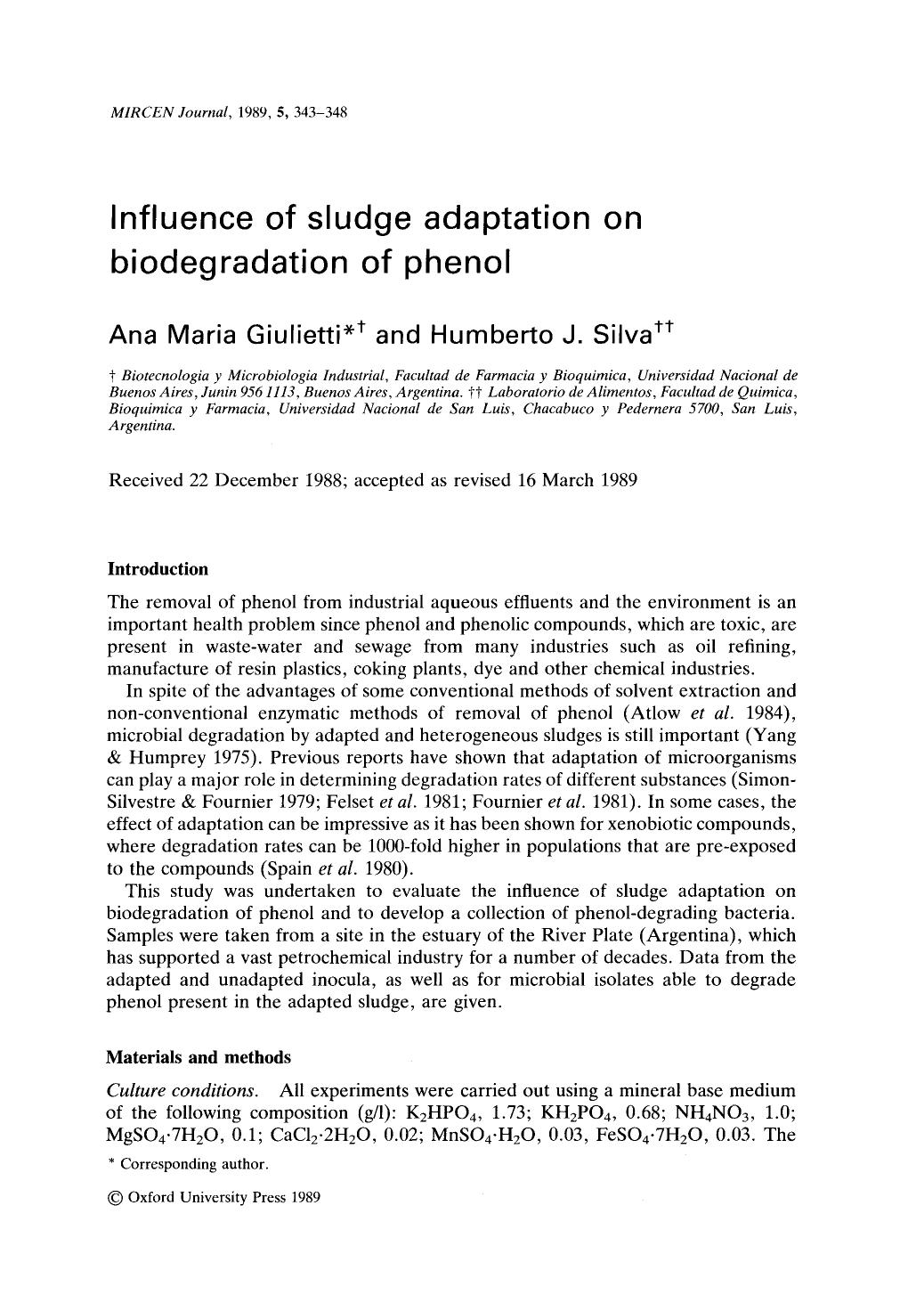 Influence of sludge adaptation on biodegradation of phenol by Unknown