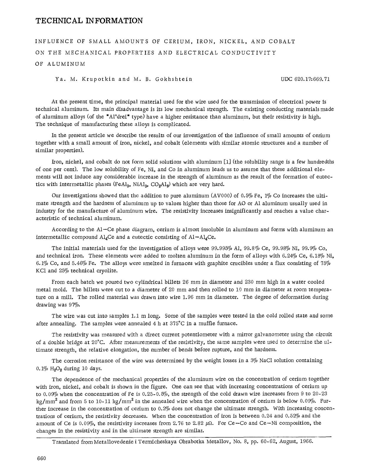 Influence of small amounts of cerium, iron, nickel, and cobalt on the mechanical properties and electrical conductivity of aluminum by Unknown