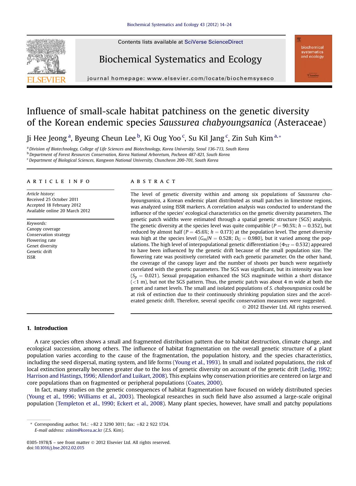 Influence of small-scale habitat patchiness on the genetic diversity of the Korean endemic species Saussurea chabyoungsanica (Asteraceae) by Ji Hee Jeong & Byeung Cheun Lee & Ki Oug Yoo & Su Kil Jang & Zin Suh Kim