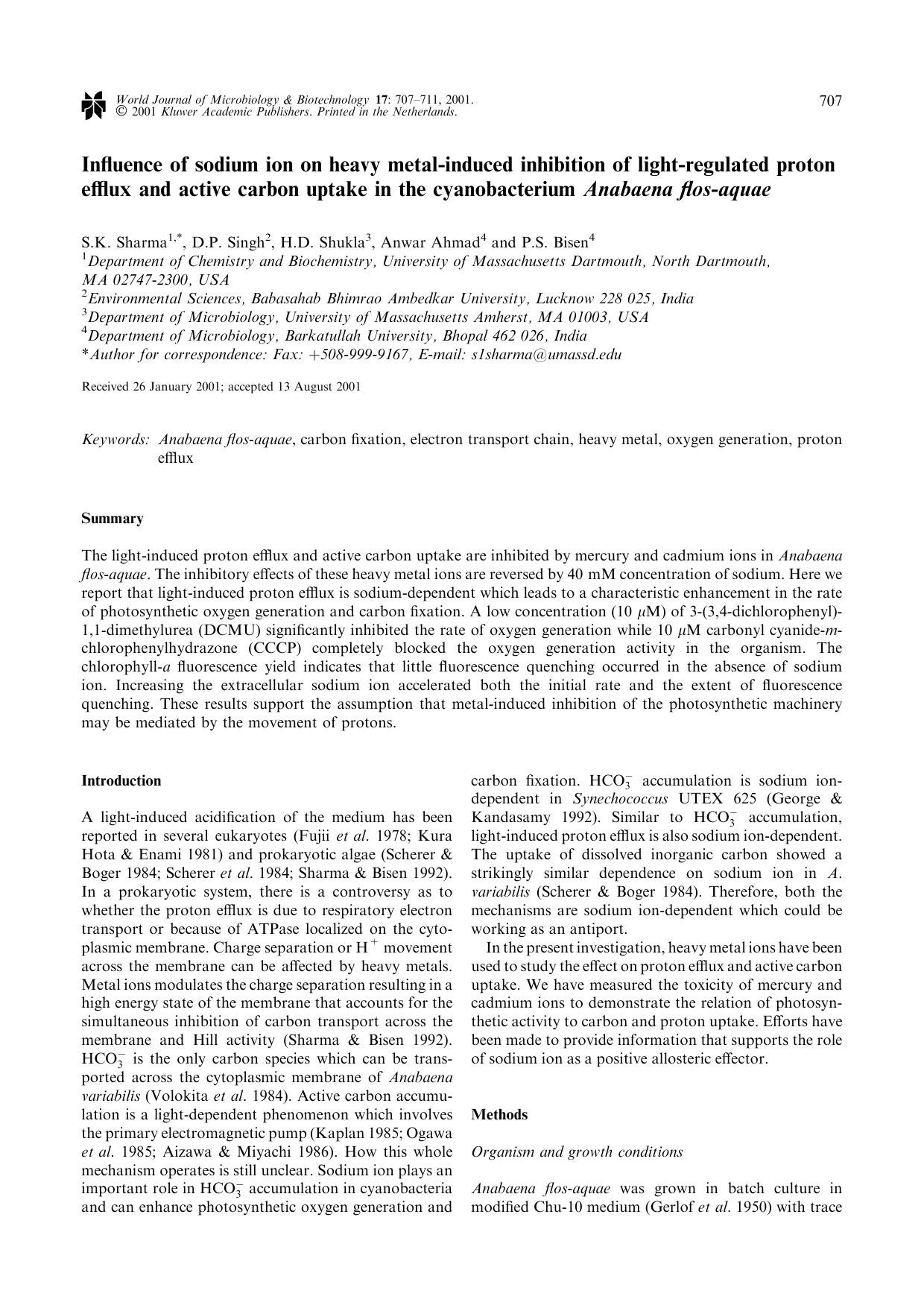 Influence of sodium ion on heavy metal-induced inhibition of light-regulatd proton efflux and active carbon uptake in the cyanobacterium Anabaena flos-aquae by Unknown