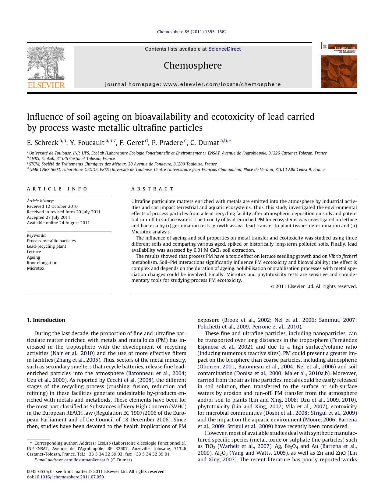 Influence of soil ageing on bioavailability and ecotoxicity of lead carried by process waste metallic ultrafine particles by E. Schreck & Y. Foucault & F. Geret & P. Pradere & C. Dumat