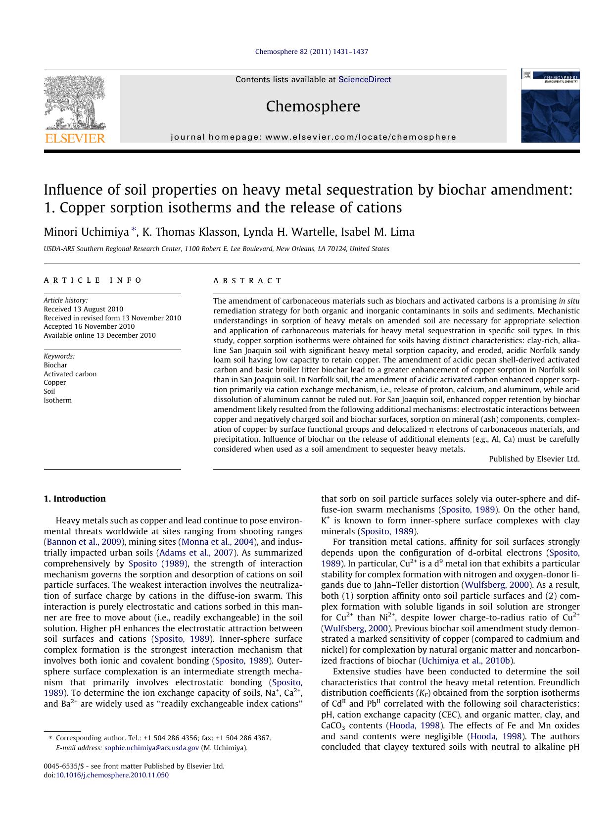 Influence of soil properties on heavy metal sequestration by biochar amendment: 1. Copper sorption isotherms and the release of cations by Minori Uchimiya & K. Thomas Klasson & Lynda H. Wartelle & Isabel M. Lima