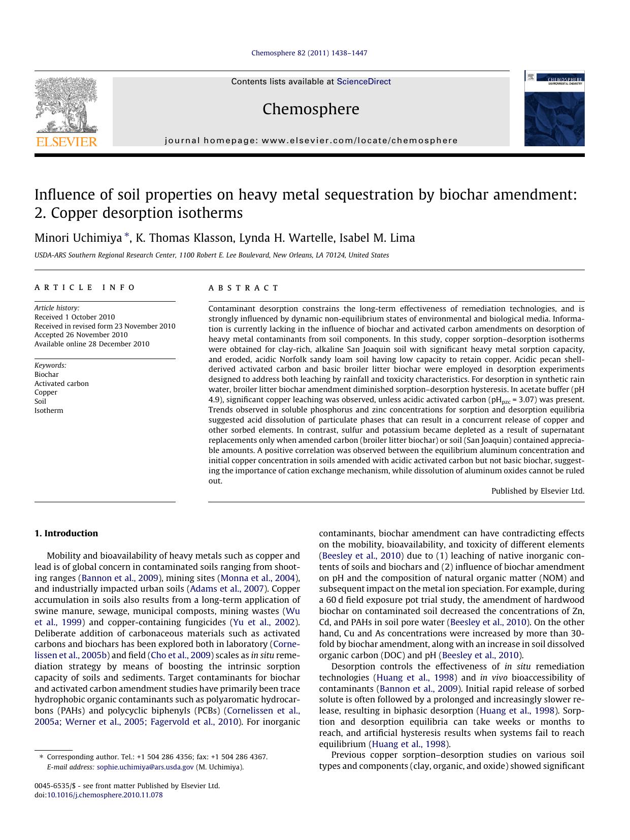 Influence of soil properties on heavy metal sequestration by biochar amendment: 2. Copper desorption isotherms by Minori Uchimiya & K. Thomas Klasson & Lynda H. Wartelle & Isabel M. Lima
