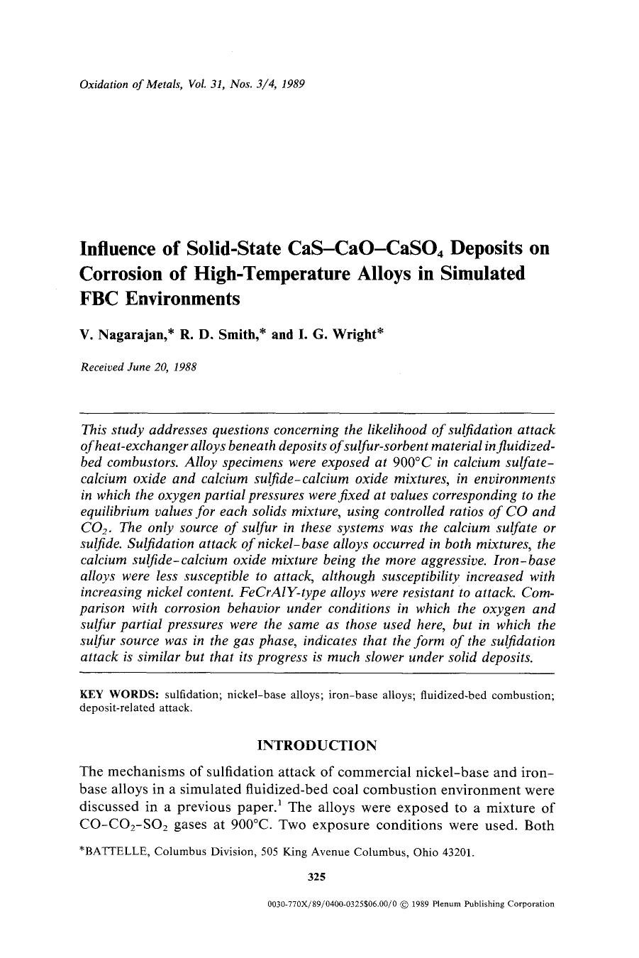 Influence of solid-state CaS-CaO-CaSO <Subscript>4 <Subscript> deposits on corrosion of high-temperature alloys in simulated FBC environments by Unknown