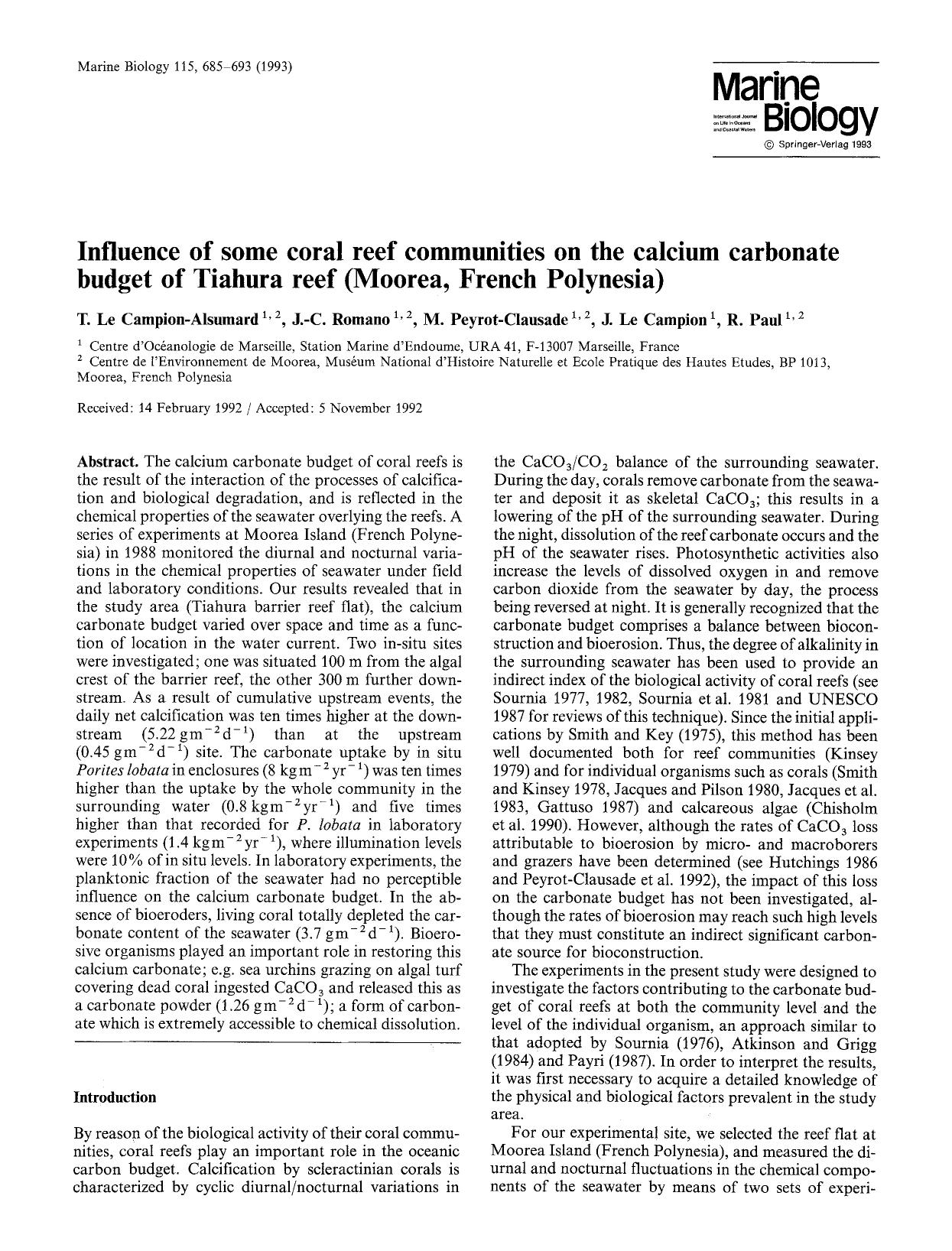 Influence of some coral reef communities on the calcium carbonate budget of Tiahura reef (Moorea, French Polynesia) by Unknown