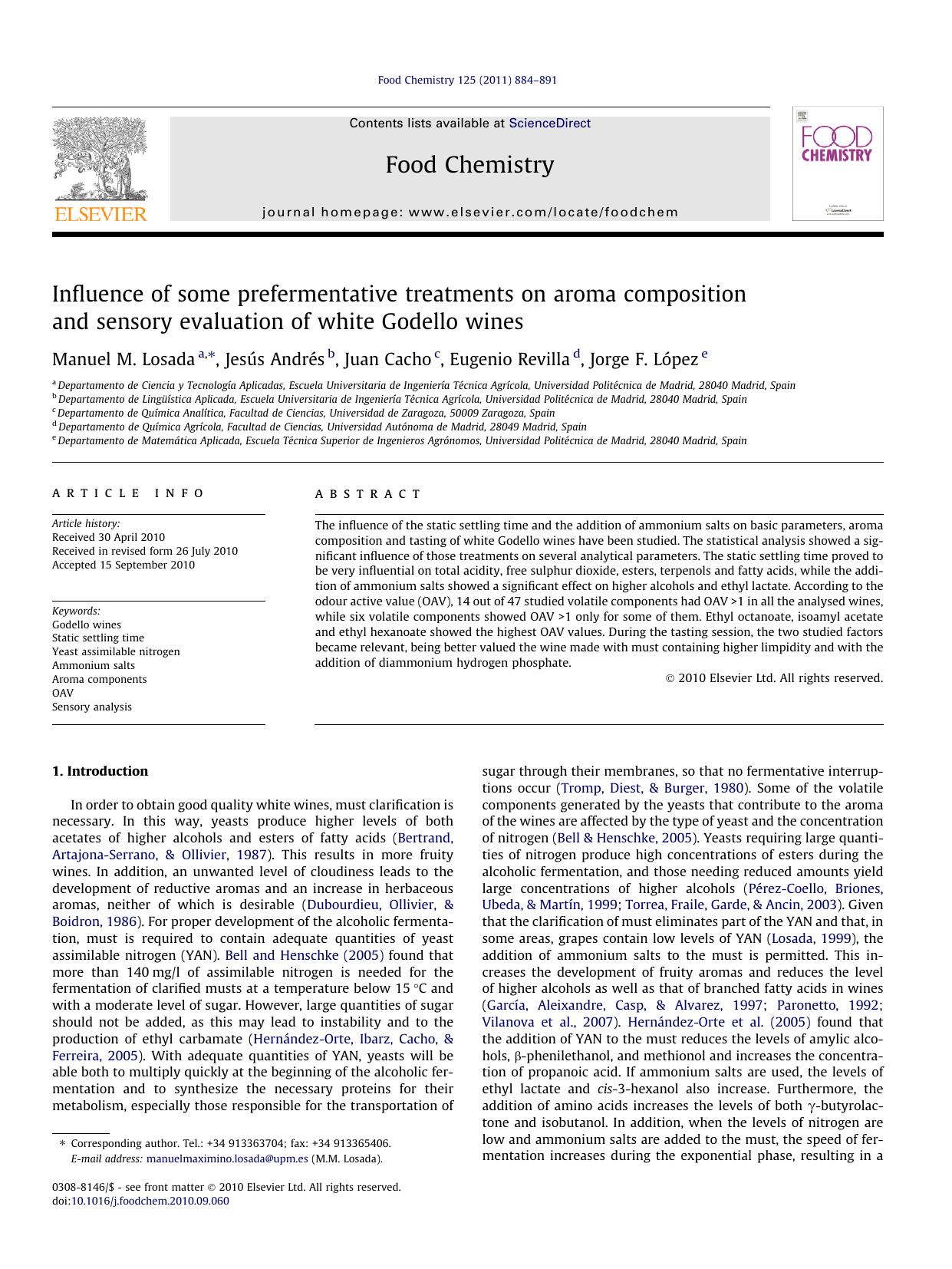 Influence of some prefermentative treatments on aroma composition and sensory evaluation of white Godello wines by Manuel M. Losada & Jesús Andrés & Juan Cacho & Eugenio Revilla & Jorge F. López
