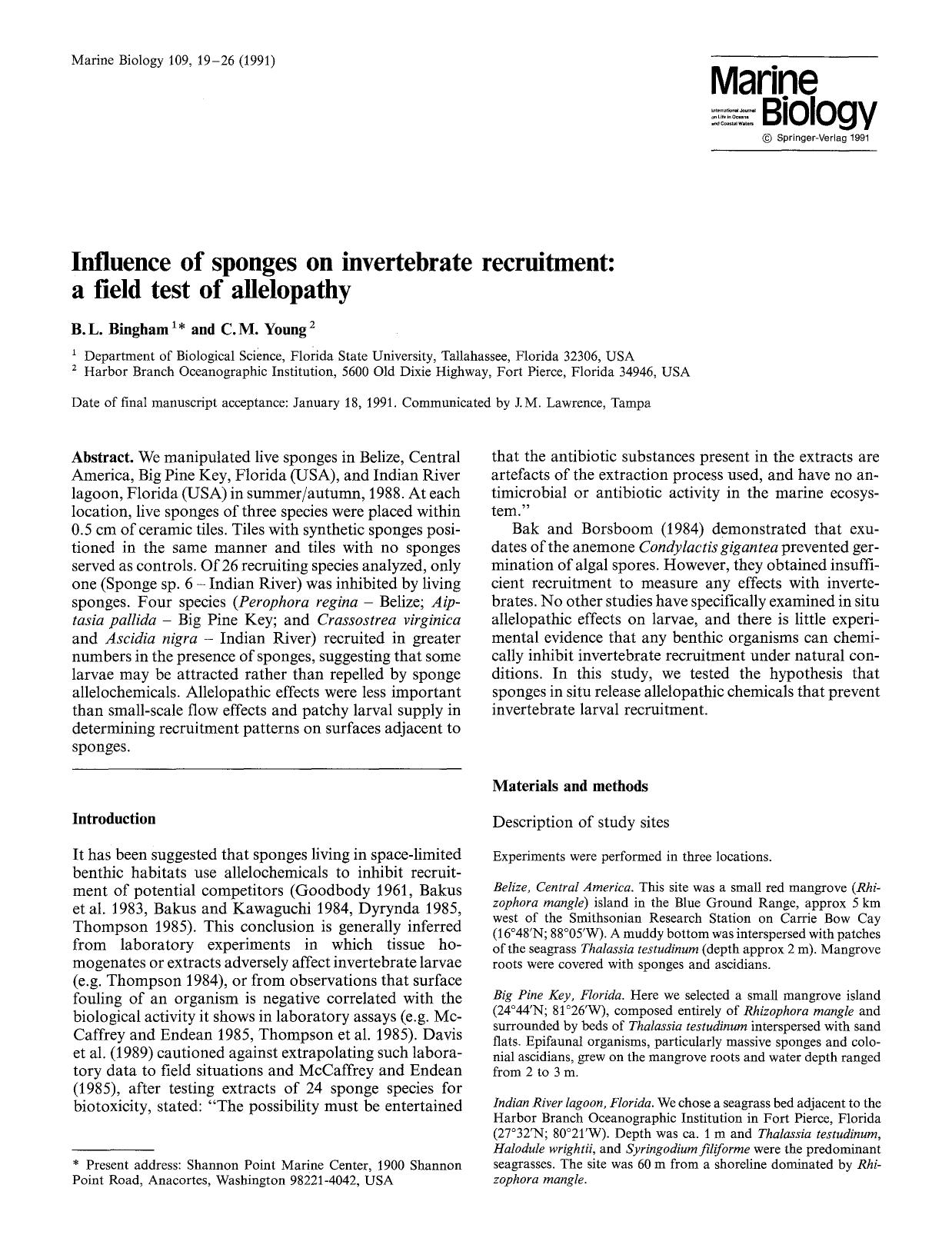 Influence of sponges on invertebrate recruitment: A field test of allelopathy by Unknown