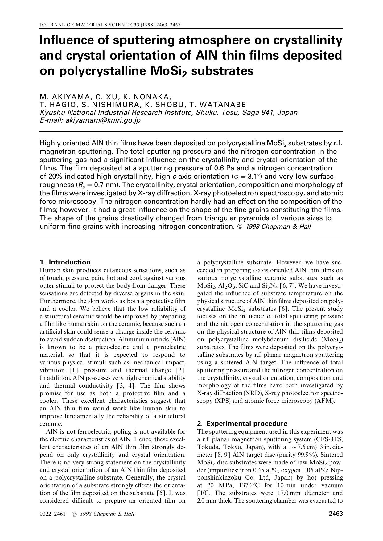 Influence of sputtering atmosphere on crystallinity and crystal orientation of AlN thin films deposited on polycrystalline MoSi2 substrates by M. AKIYAMA C. XU K. NONAKA