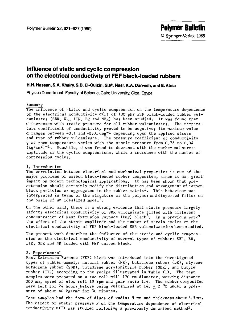 Influence of static and cyclic compression on the electrical conductivity of FEF black-loaded rubbers by Unknown