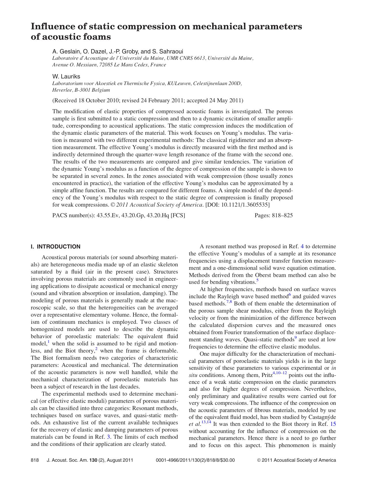 Influence of static compression on mechanical parameters of acoustic foams by A. Geslain O. Dazel J.-P. Groby S. Sahraoui and W. Lauriks