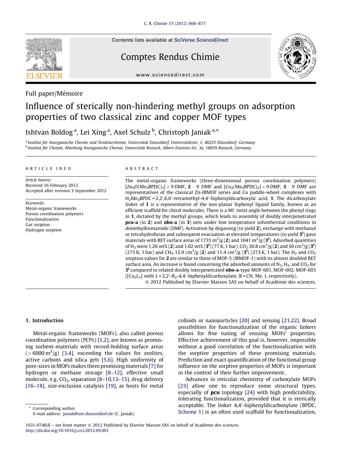Influence of sterically non-hindering methyl groups on adsorption properties of two classical zinc and copper MOF types by Ishtvan Boldog