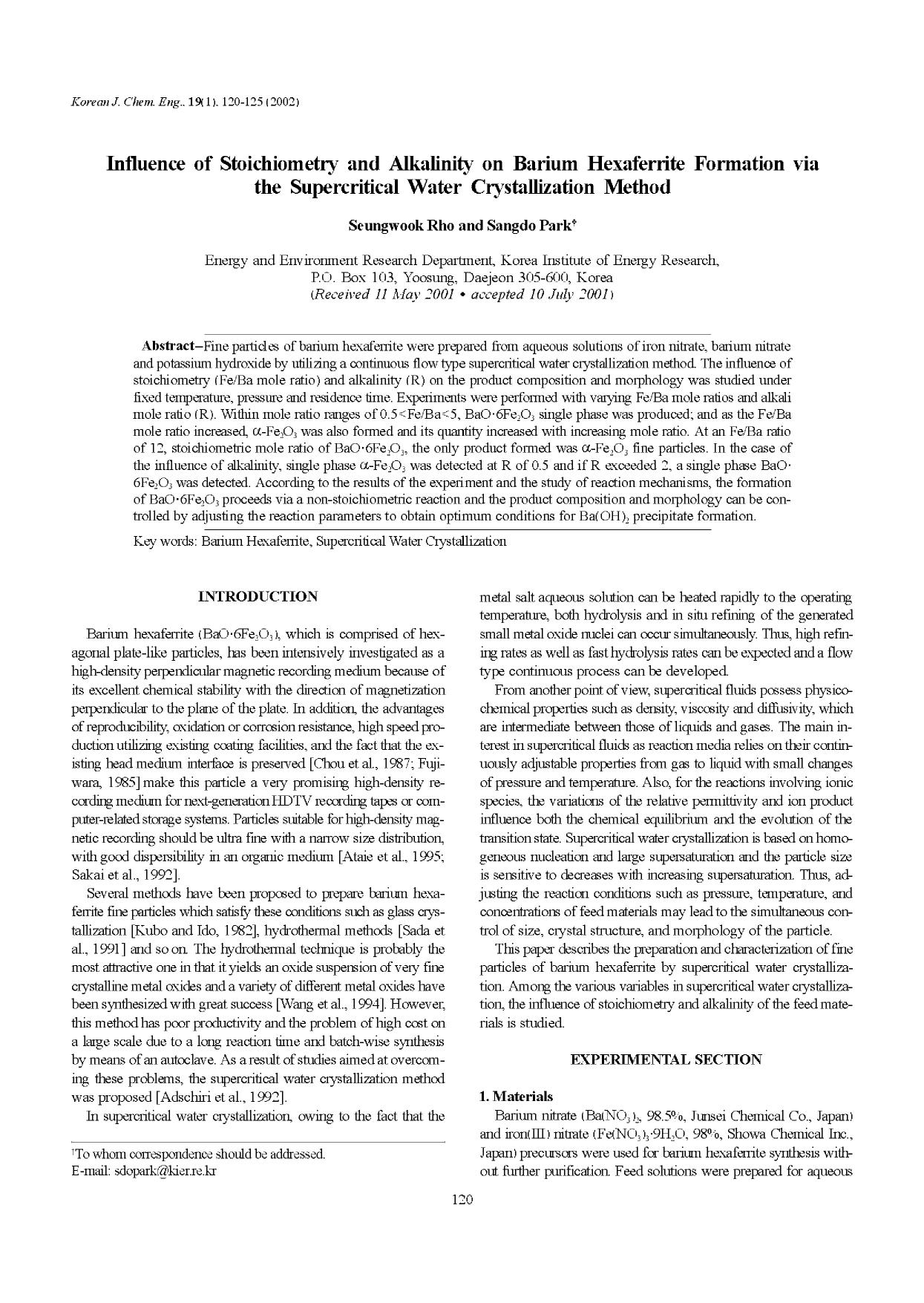 Influence of stoichiometry and alkalinity on barium hexaferrite formation via the supercritical water crystallization method by Unknown