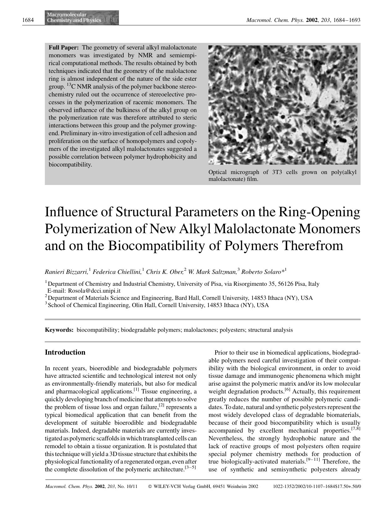 Influence of structural parameters on the ring-opening polymerization of new alkyl malolactonate monomers and on the biocompatibility of polymers therefrom by Unknown