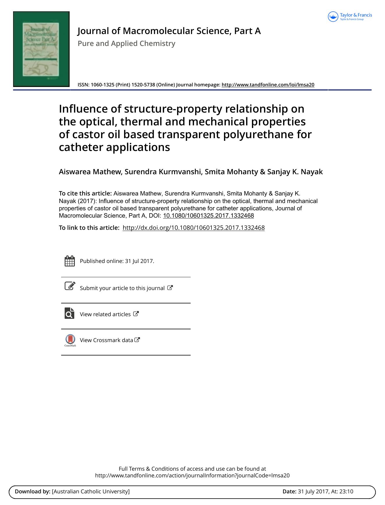 Influence of structure-property relationship on the optical, thermal and mechanical properties of castor oil based transparent polyurethane for catheter applications by Aiswarea Mathew & Surendra Kurmvanshi & Smita Mohanty & Sanjay K. Nayak