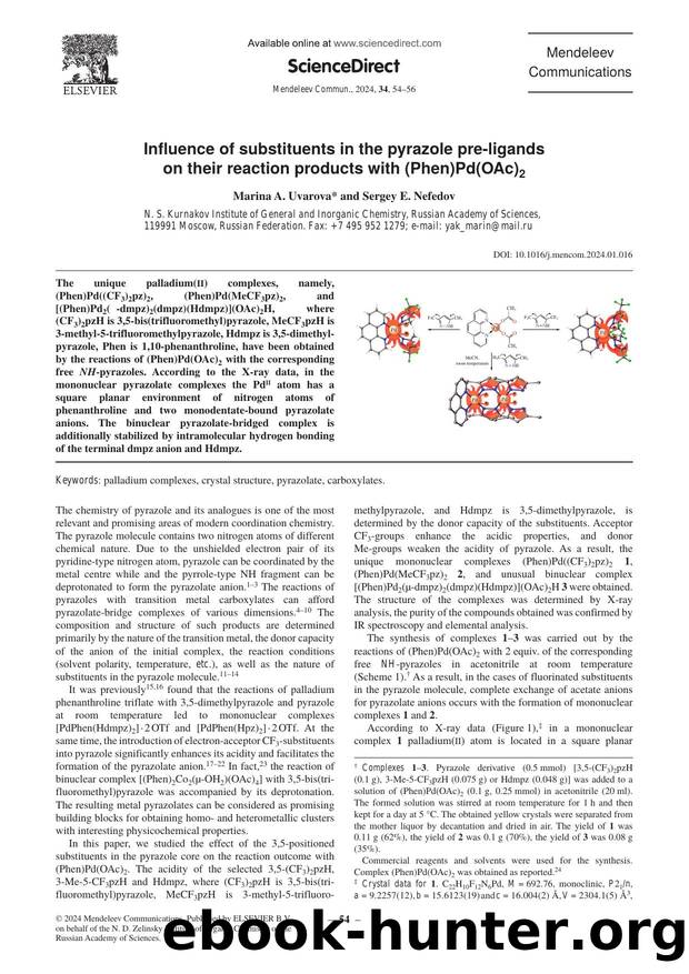 Influence of substituents in the pyrazole pre-ligands on their reaction products with (Phen)Pd(OAc)2 by Marina A. Uvarova & Sergey E. Nefedov