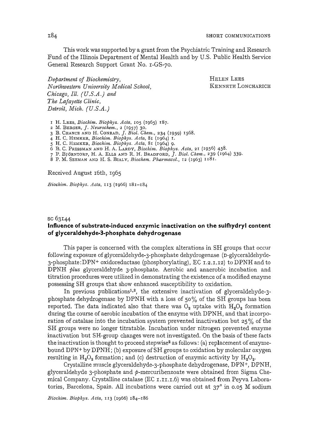 Influence of substrate-induced enzymic inactivation on the sulfhydryl content of glyceraldehyde-3-phosphate dehydrogenase by R.E. Amelunxen; D.O. Carr; S. Grisolia