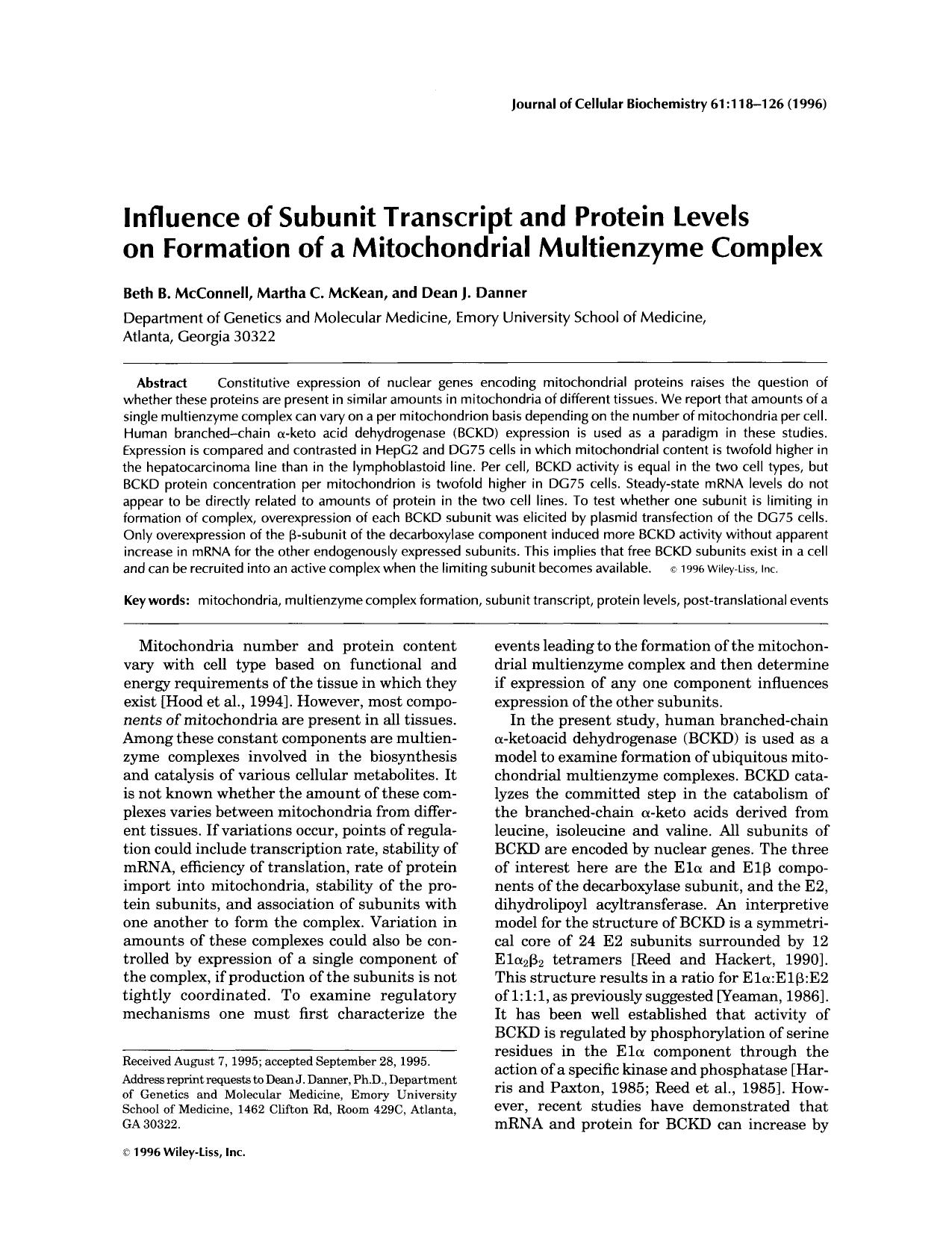 Influence of subunit transcript and protein levels on formation of a mitochondrial multienzyme complex by Unknown