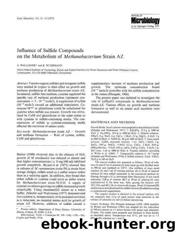 Influence of sulfide compounds on the metabolism of <Emphasis Type="Italic">Methanobacterium<Emphasis> strain AZ by Unknown