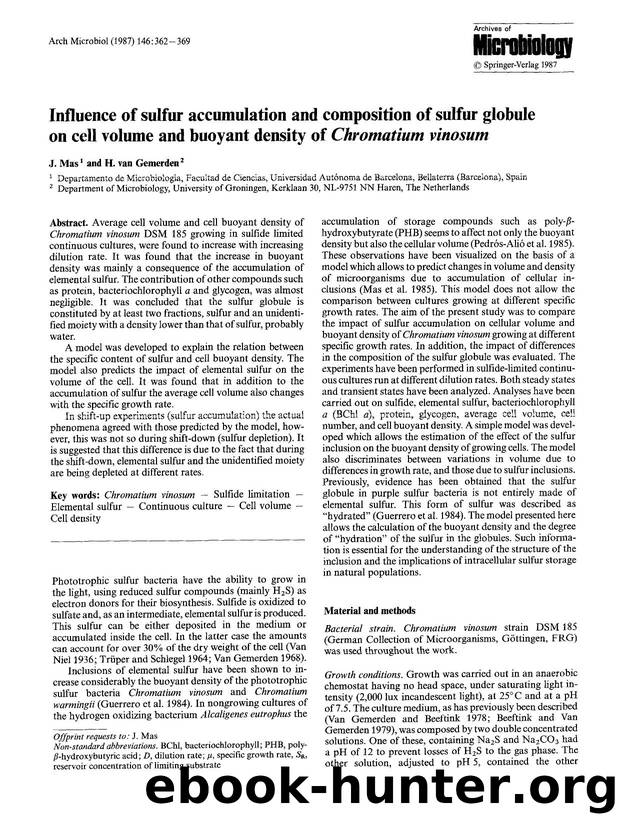 Influence of sulfur accumulation and composition of sulfur globule on cell volume and buoyant density of <Emphasis Type="Italic">Chromatium vinosum<Emphasis> by Unknown