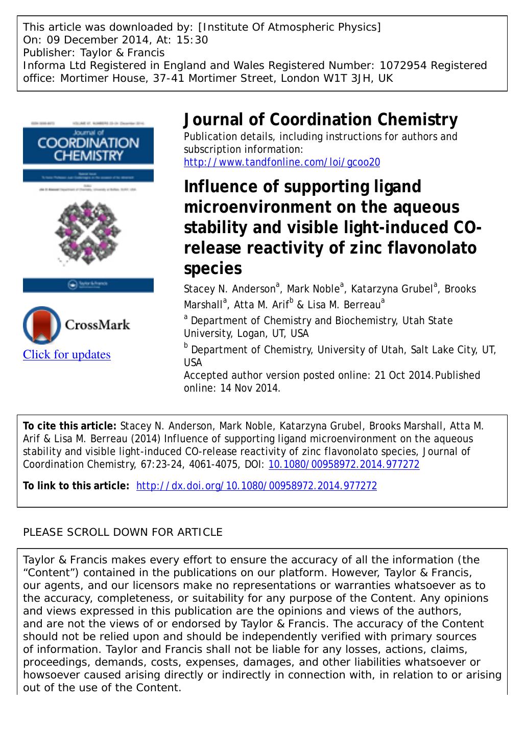 Influence of supporting ligand microenvironment on the aqueous stability and visible light-induced CO-release reactivity of zinc flavonolato species by Stacey N. Anderson