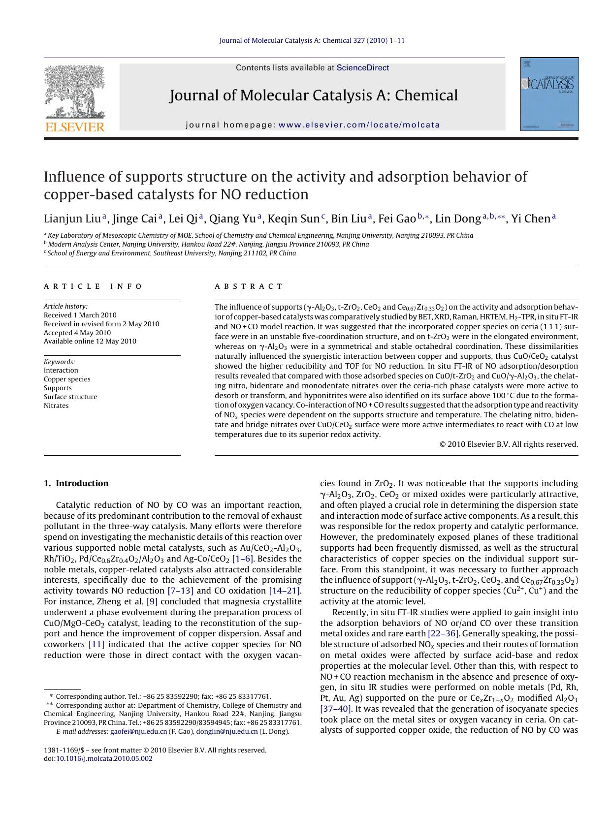 Influence of supports structure on the activity and adsorption behavior of copper-based catalysts for NO reduction by Lianjun Liu