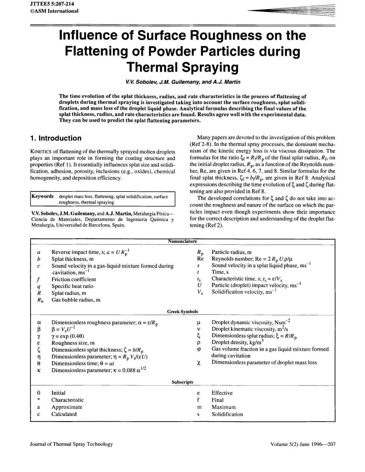 Influence of surface roughness on the flattening of powder particles during thermal spraying by Unknown