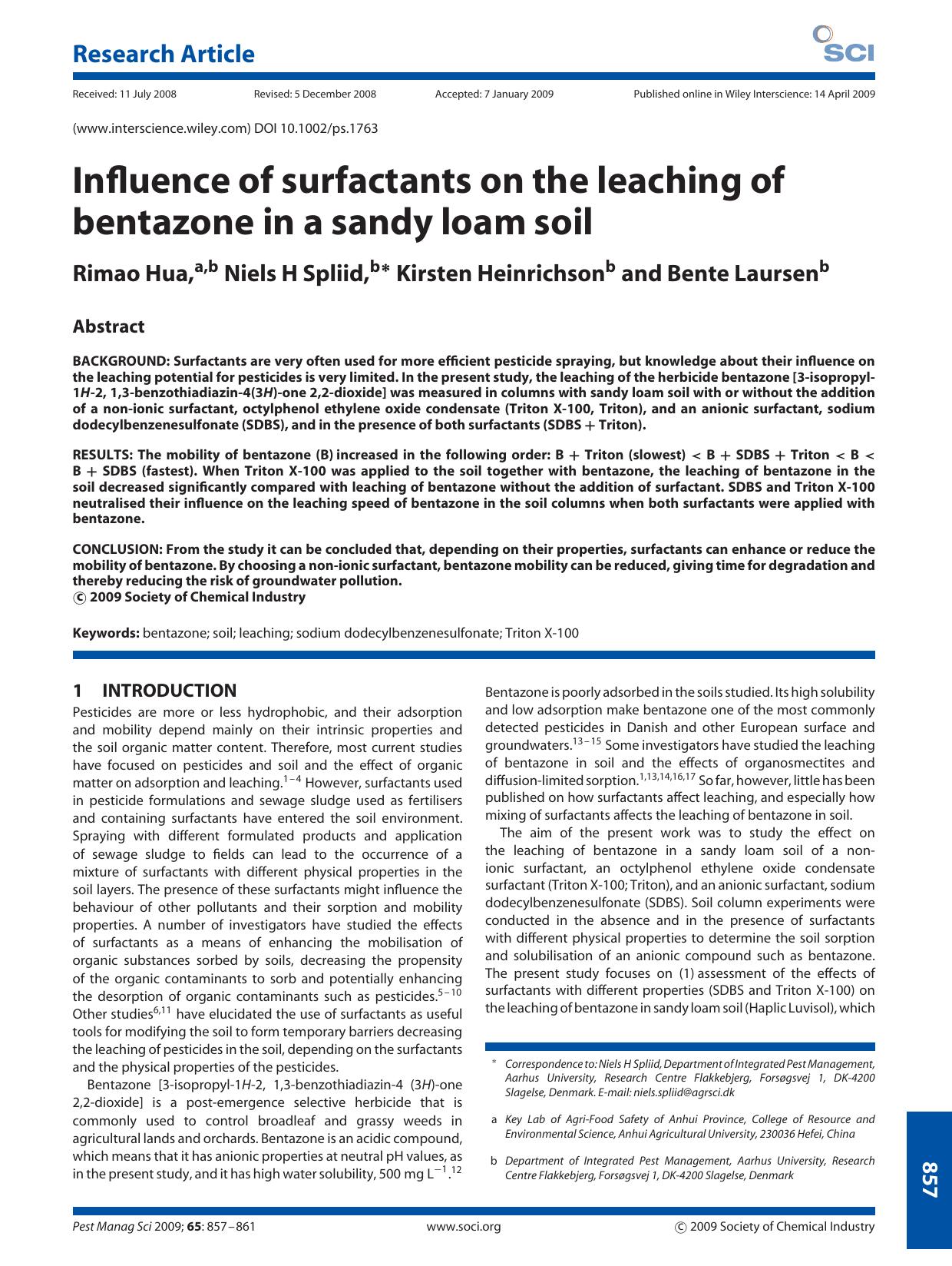 Influence of surfactants on the leaching of bentazone in a sandy loam soil by Unknown
