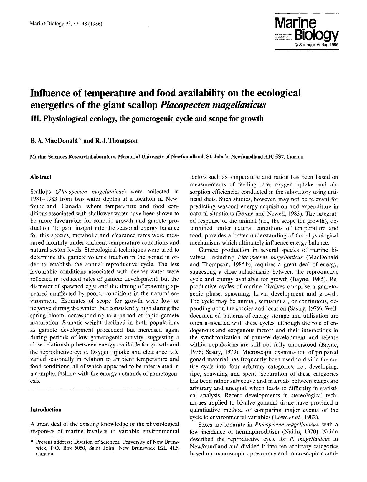 Influence of temperature and food availability on the ecological energetics of the giant scallop <Emphasis Type="Italic">Placopecten magellanicus<Emphasis> by Unknown