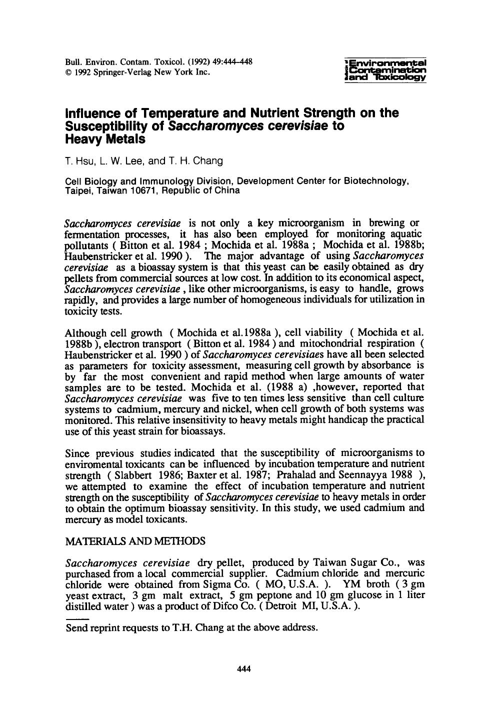 Influence of temperature and nutrient strength on the susceptibility of <Emphasis Type="Italic">Saccharomyces cerevisiae <Emphasis> to heavy metals by Unknown