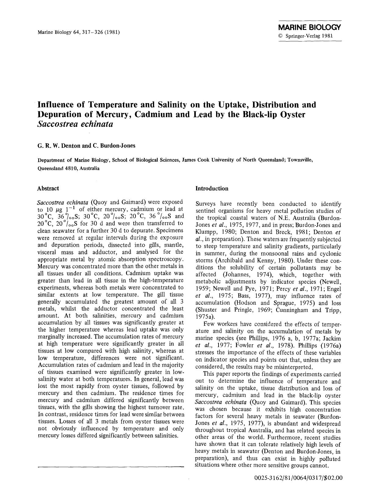Influence of temperature and salinity on the uptake, distribution and depuration of mercury, cadmium and lead by the black-lip oyster <Emphasis Type="Italic">Saccostrea echinata<Emphasis> by Unknown